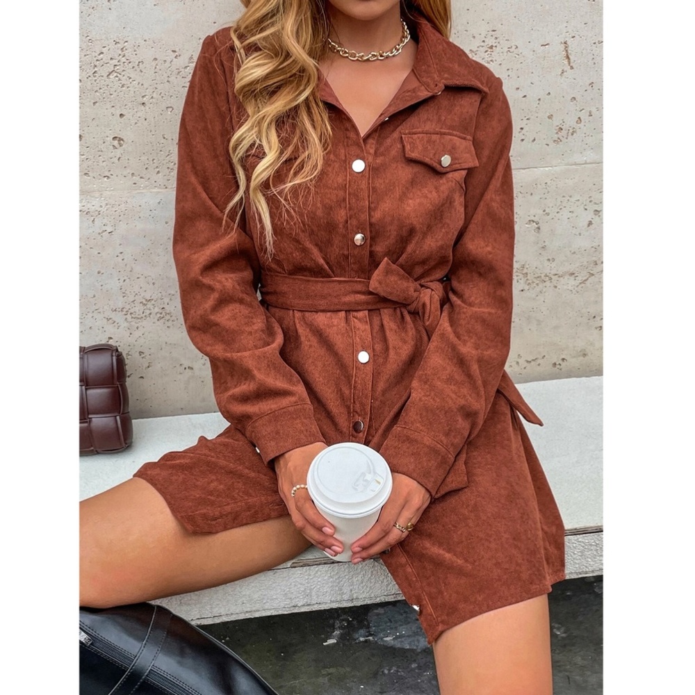 Corduroy Rust Brown Casual Button Up Shirt Style Belted Mini Dress Long Sleeves - Picture 5 of 13